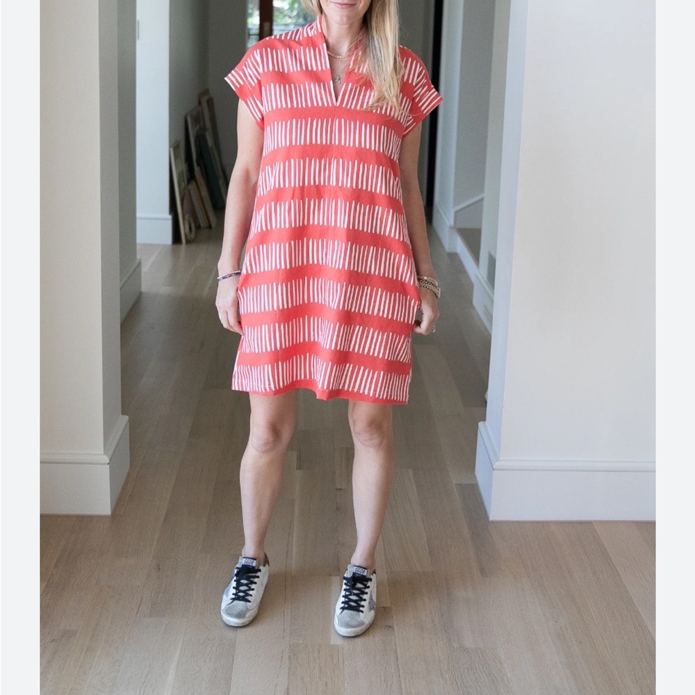 Brooke Wright Sz S Nancy Linen Blend Dress V Neck Coral/Orange Print